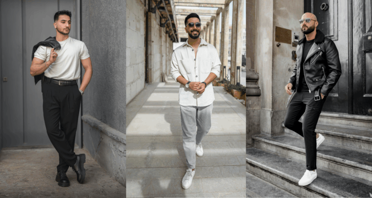 Ý tưởng diện đồ chuẩn phong cách Minimalism nam đầy lôi cuốn khi kết hợp tinh tế giữa áo thun, jacket da và quần tây thanh lịch